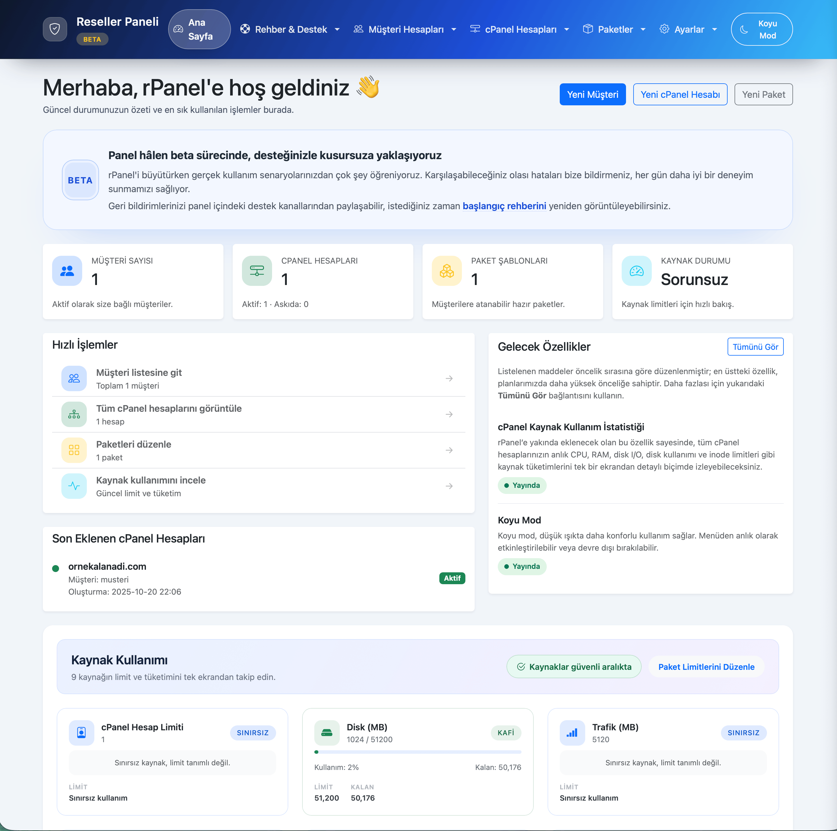 rPanel bayi arayüzü