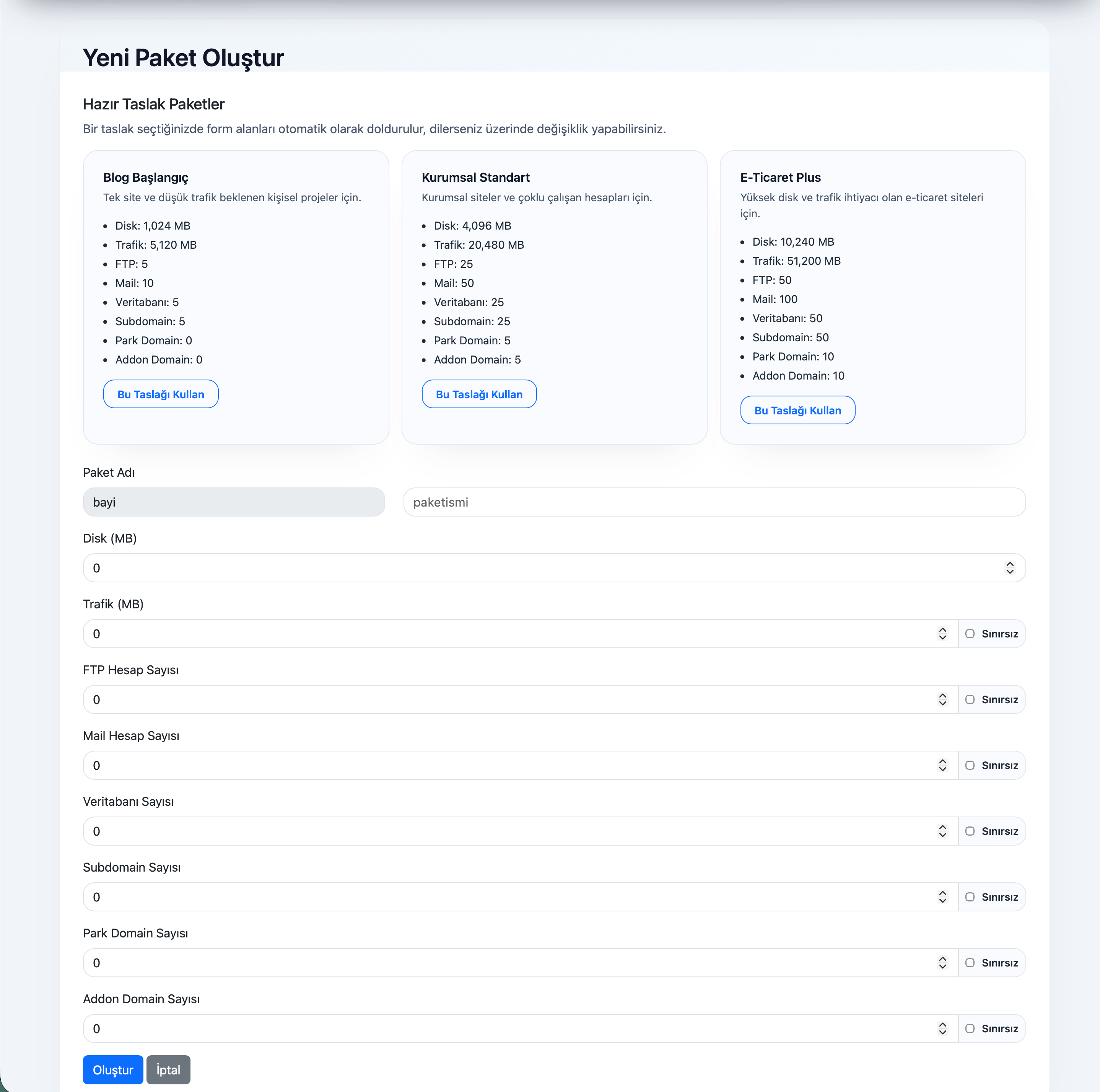 Paket şablonu yönetim ekranı