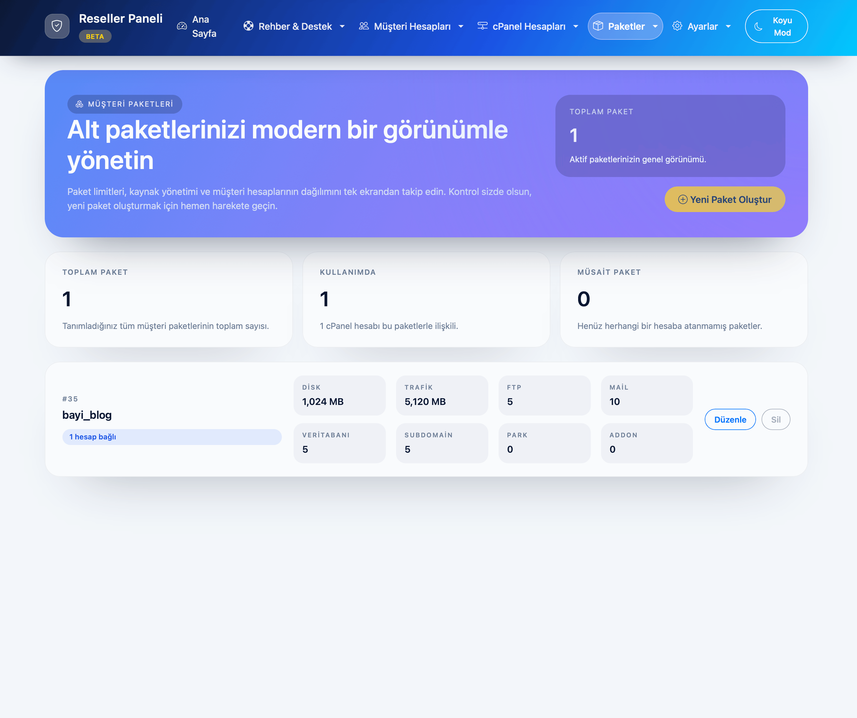 Kaynak limitleri yönetim ekranı
