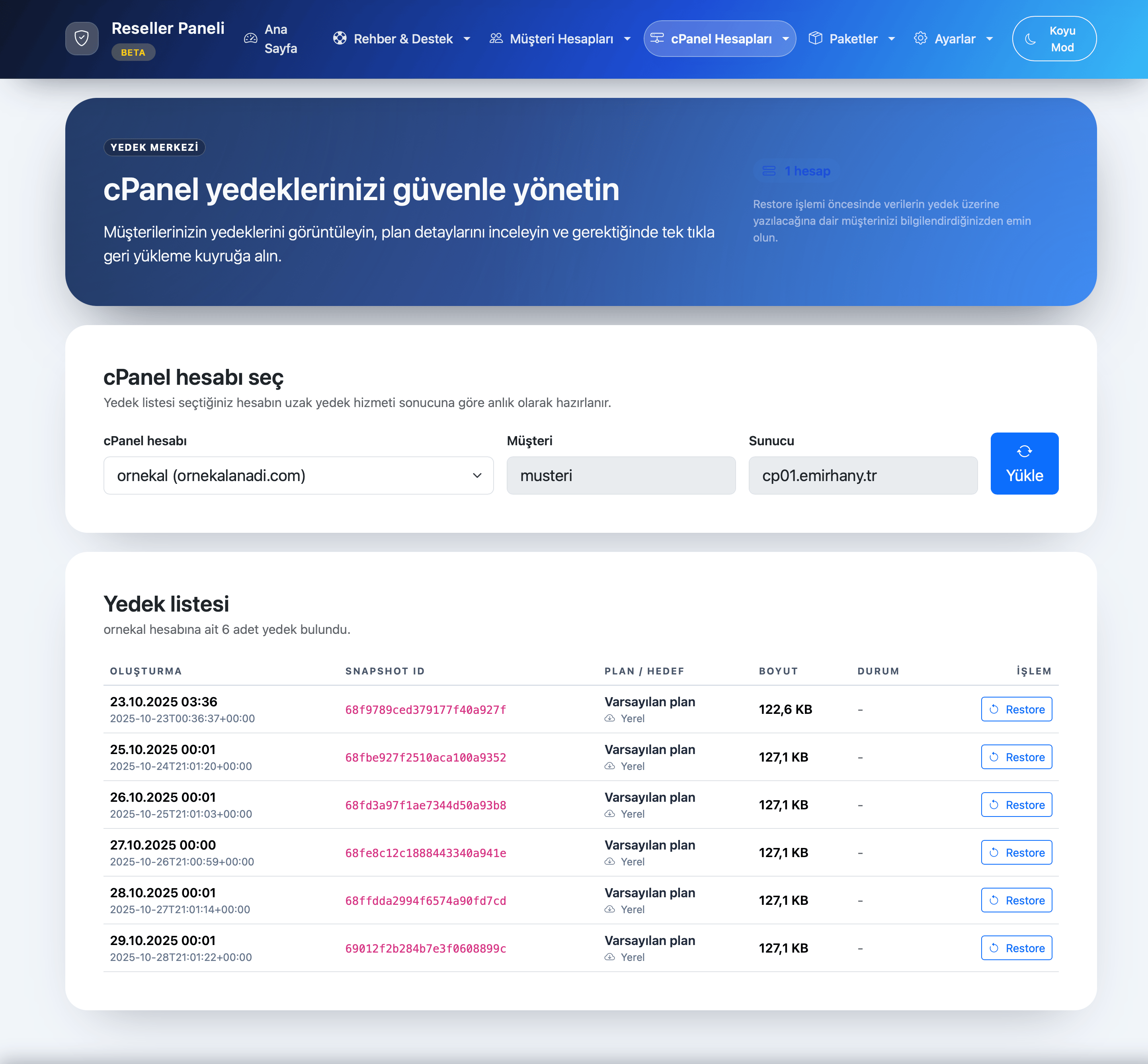 Yedekleme ve geri yükleme ekranı